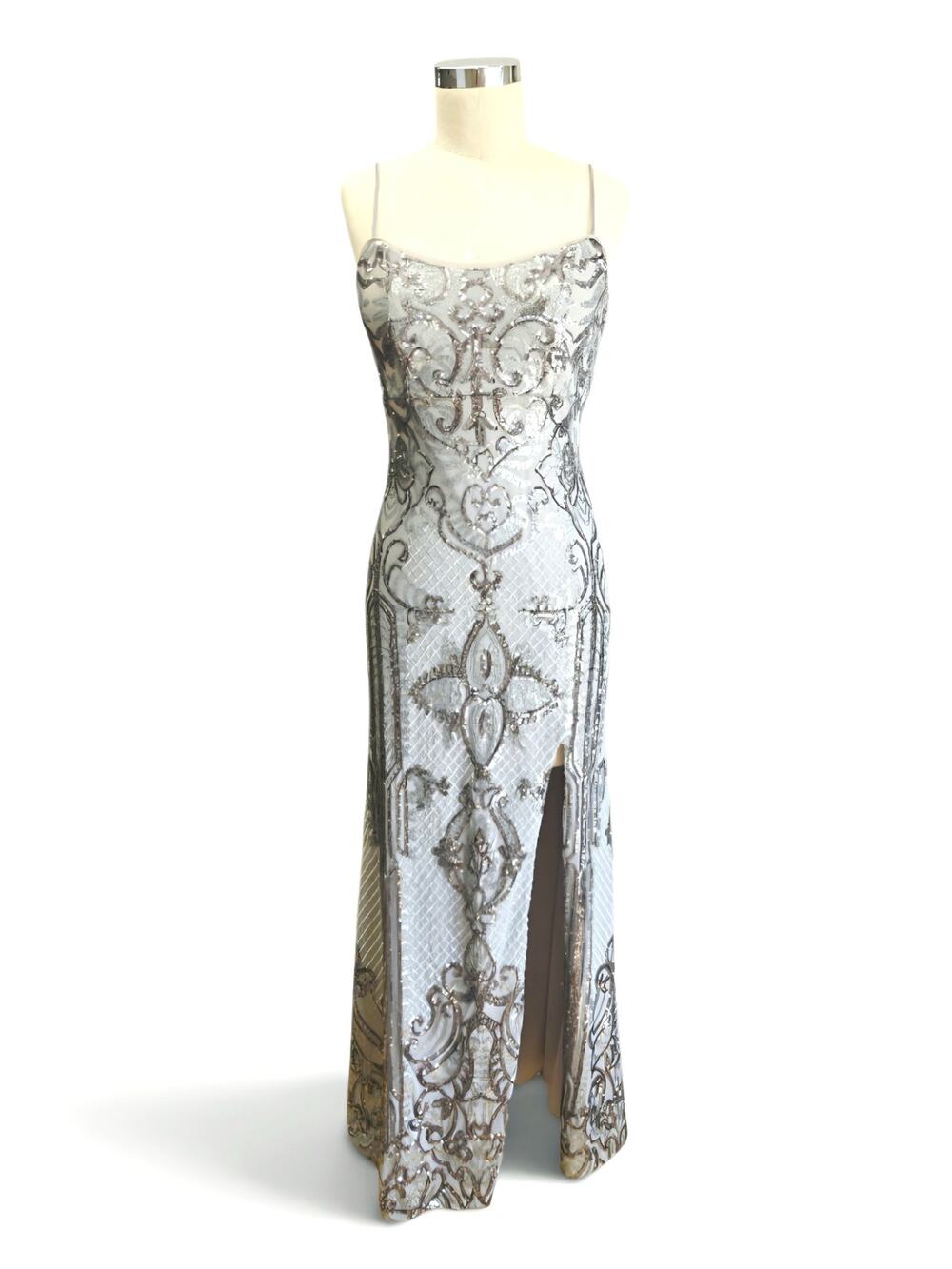 NWT Betsy & Adam Silver Sequin Black Tie Evening Gown High Slit Wedding Guest 8P
